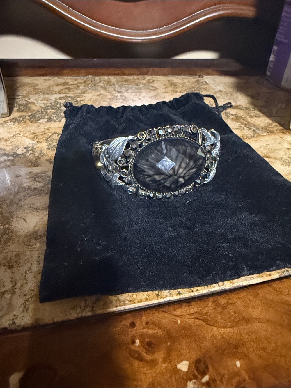 Black and Silver Filigree Oval Stone Bracelet